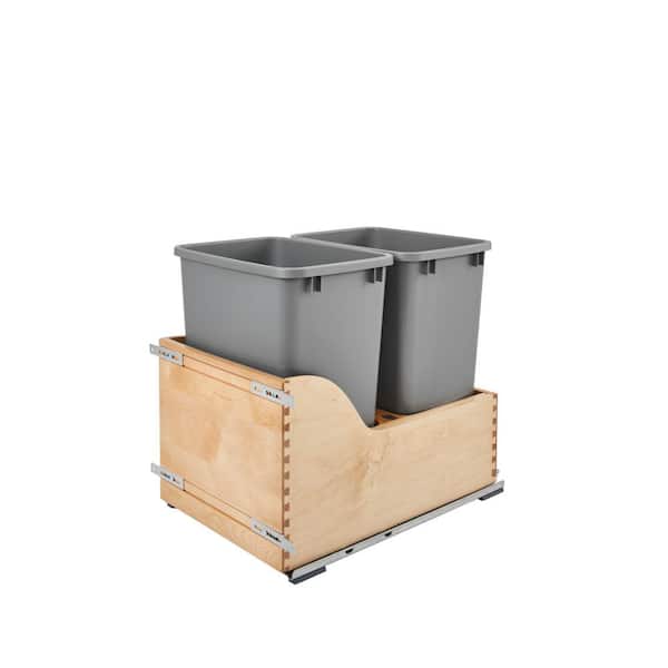 Rev-A-Shelf 20.38 in. H x 15 in. W x 21.75 in. D Double 35 Qt. Pull-Out Bottom Mount Wood and Silver Waste Container Drawer