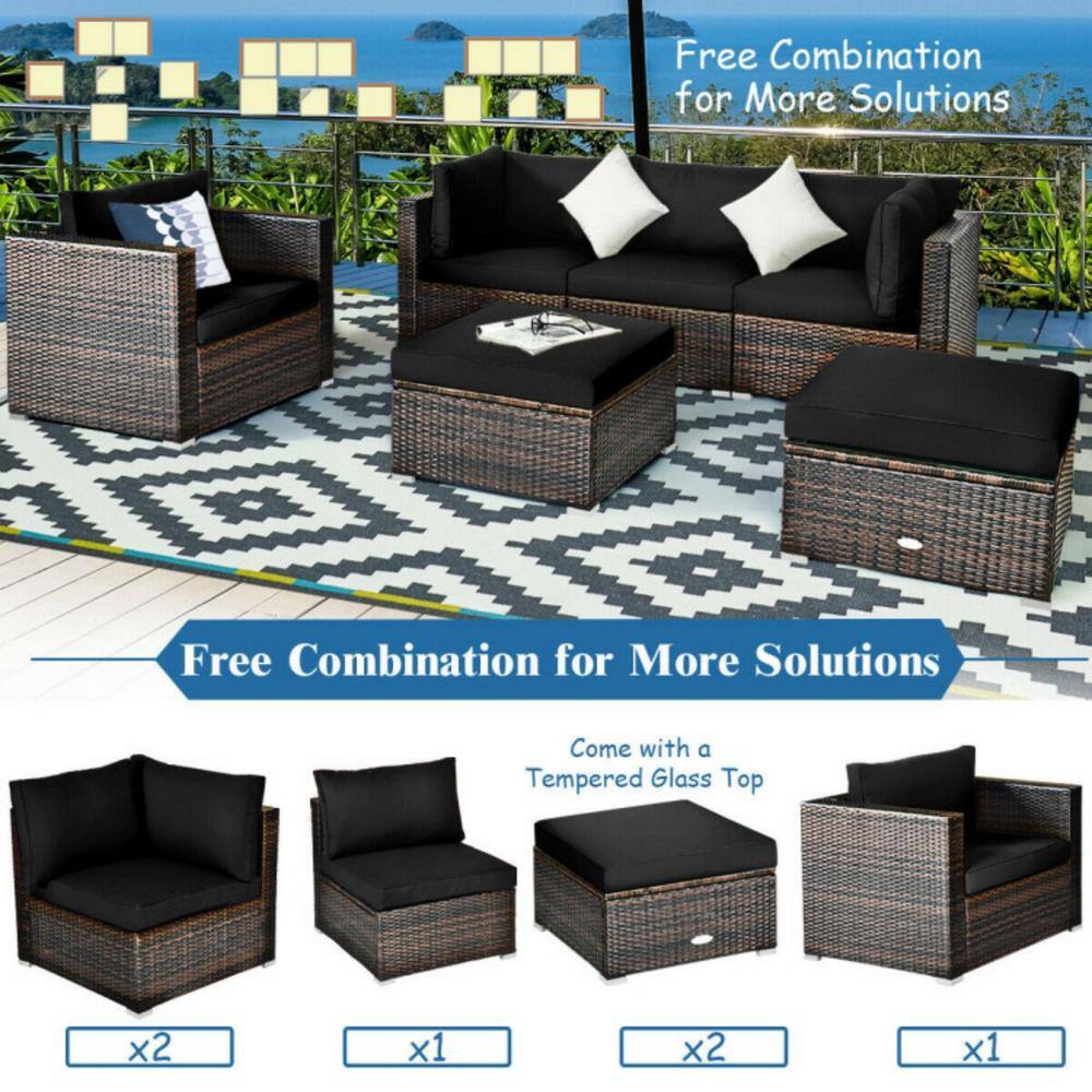 6-Piece Black Rattan Outdoor Patio Furniture Set with Cushions