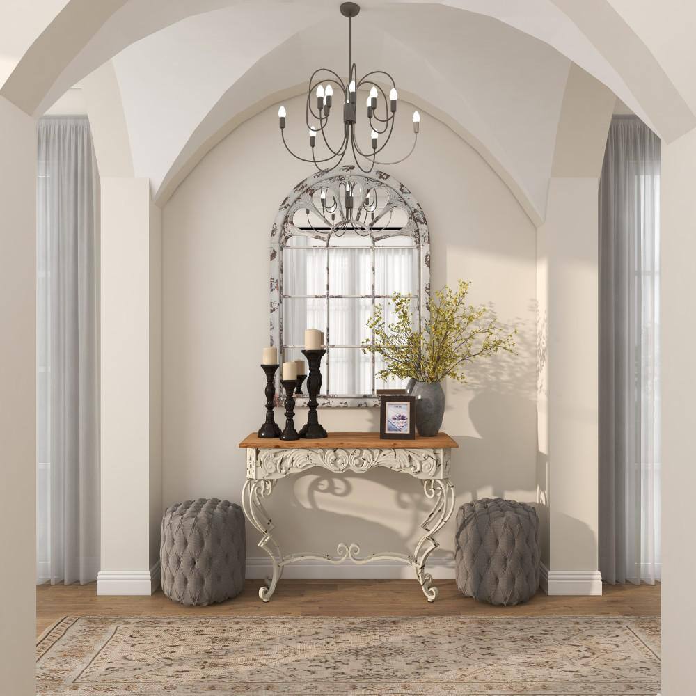 French Provincial White Metal Scroll Console Table with Fir Wood Top