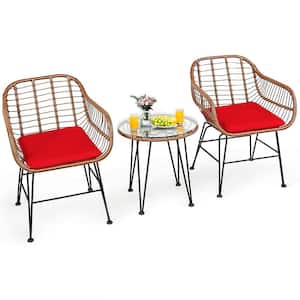 3-Piece Wicker Outdoor Patio Conversation Seating Set with Red Cushions