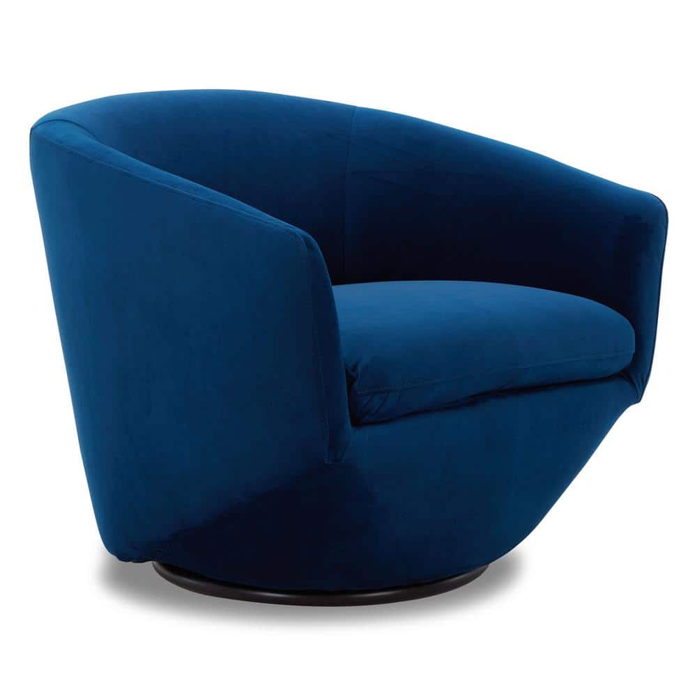 Blue Velvet Swivel Barrel Accent Chair with Wood Frame