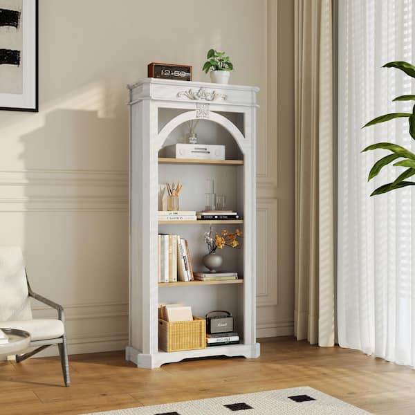 Vintage 65 in. Tall White Wood 3-Shelf Accent Bookcase with Storage