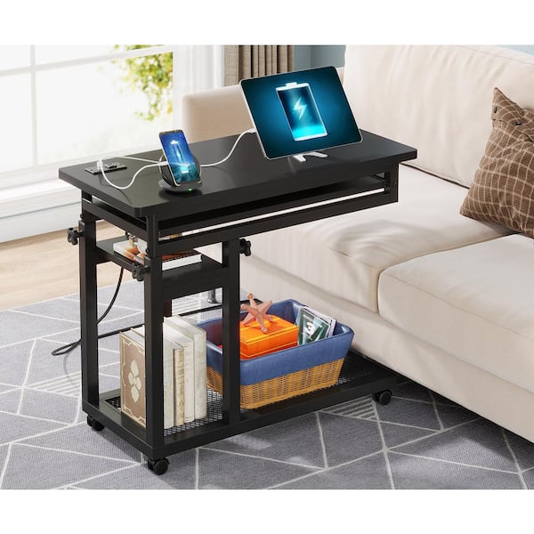 Kerlin 31.5 in. Height Adjustable Black C-Shaped Engineered Wood End Table with Power Outlets and Wheels