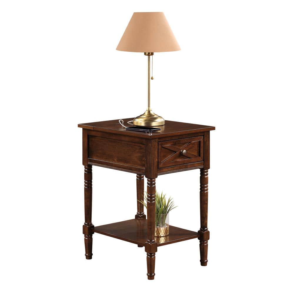 Espresso Wood End Table with Charging Station and Storage