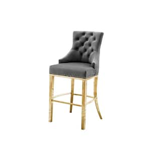 Alberto 29 in. H Dark Gray Velvet Upholstered Full Back Metal Frame Barstool With Gold Stainless Steel Legs (Set of 1)