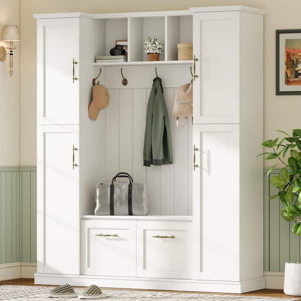 Qova Farmhouse White MDF Wood Hall Tree with Cabinets, Adjustable Shelves, Coat Rack Plus Entryway Bench