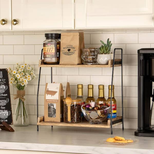 2-Tier Wooden Spice Racks for Coffee Bar Accessories and Condiment Storage in Kitchen, Home, Office, Brown (1-Pack)