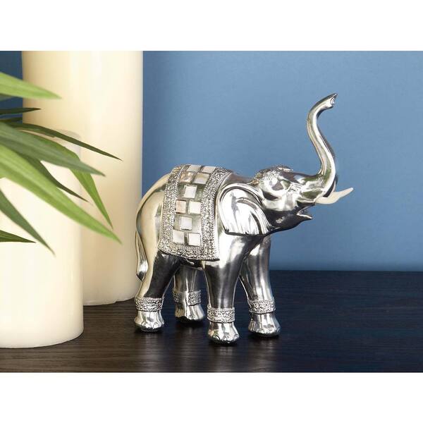 Litton Lane 8 in. Elephant Decorative Figurine in Textured Silver, Black and Ivory