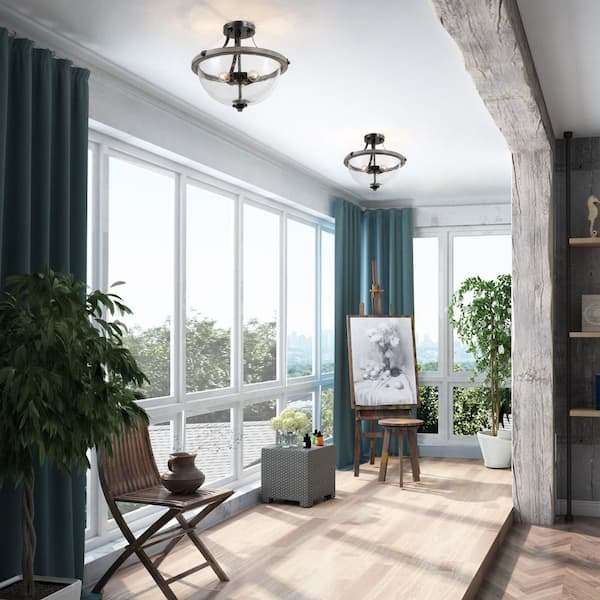 Morice 3-Light Semi Flush Mount Weathered Iron Semi Flush Mount with Painted Grey Wood Accents and Seeded Glass Shade