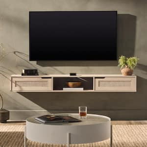 58 in. Coastal Oak Wood Modern Floating TV Stand with 2 Faux Rattan Doors Fits TVs up to 65 in.