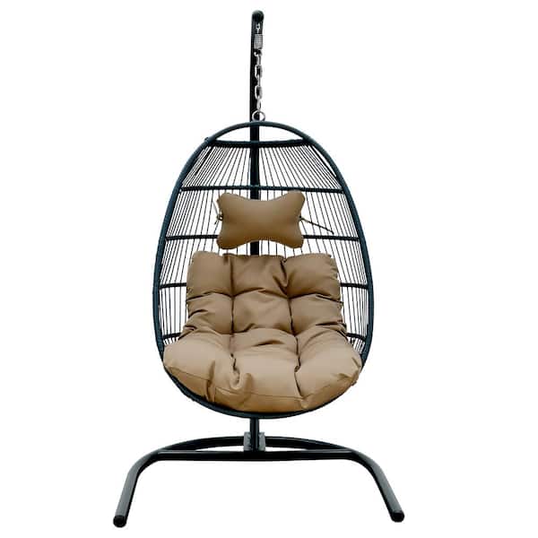 Zeus & Ruta Metal Outdoor Patio Swing Egg Chair Natural Color Wicker with Brown Cushion
