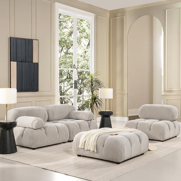 Sorrento 90.5 in. Modular 2-Piece Chenille Sofa in Crème Off-White
