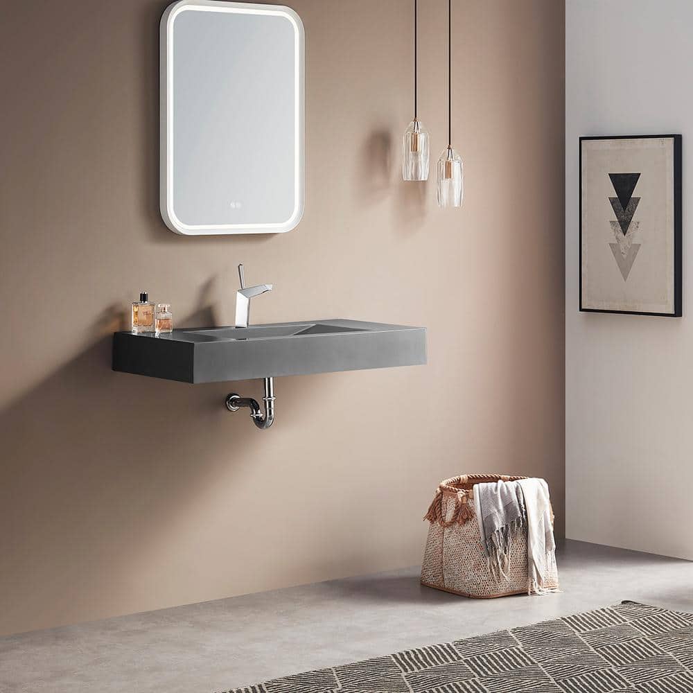Gray Rectangular Wall-Mount Solid Surface Bathroom Sink