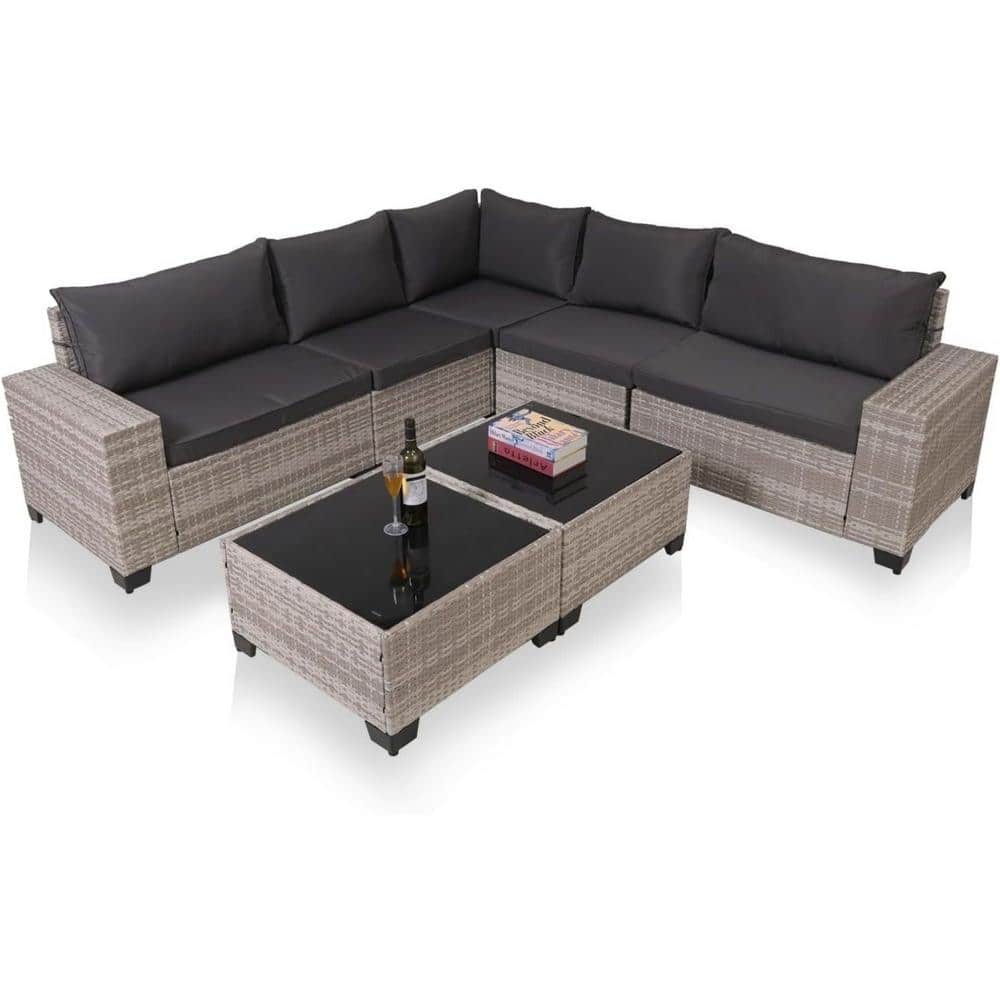 7-Piece Gray Patio Furniture Set, Wicker Outdoor Sectional Sofa with 2-Tabl