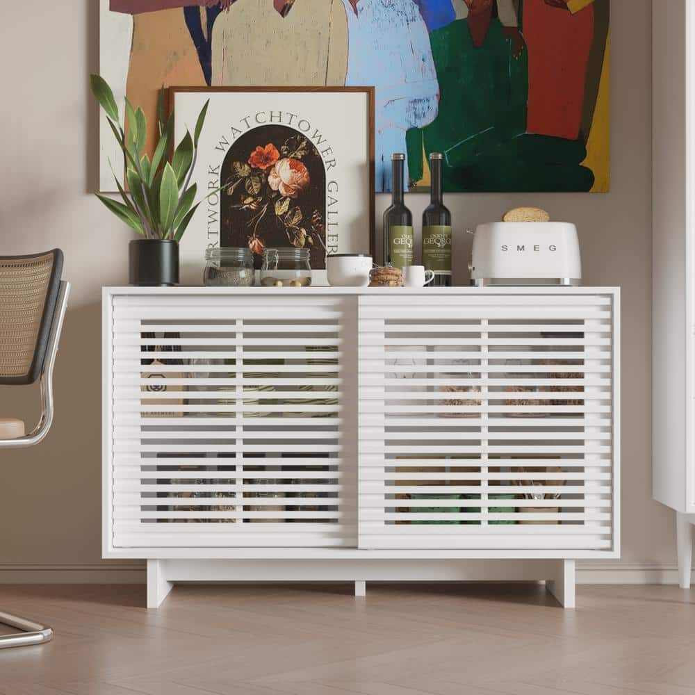 FUFU&GAGA White Wooden 29.5 in. H x 47.2 in. W Sideboard, Storage Cabinet  with 4-Shelves in Wooden Strip Surface Doors L-THD-200234-01-c - The Home