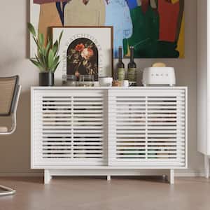White Wooden 29.5 in. H x 47.2 in. W Sideboard, Storage Cabinet with 4-Shelves in Wooden Strip Surface Doors