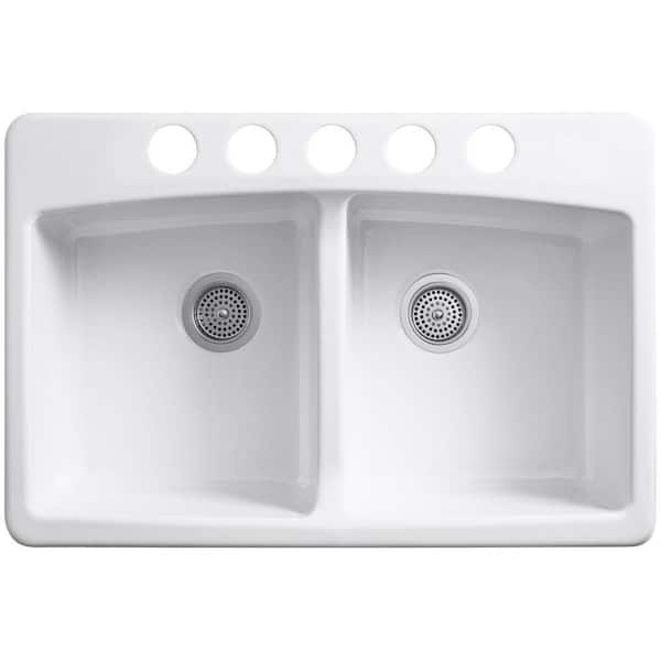 KOHLER Brookfield Undermount Cast-Iron 33 in. 5-Hole Double Bowl Kitchen Sink in Black Black