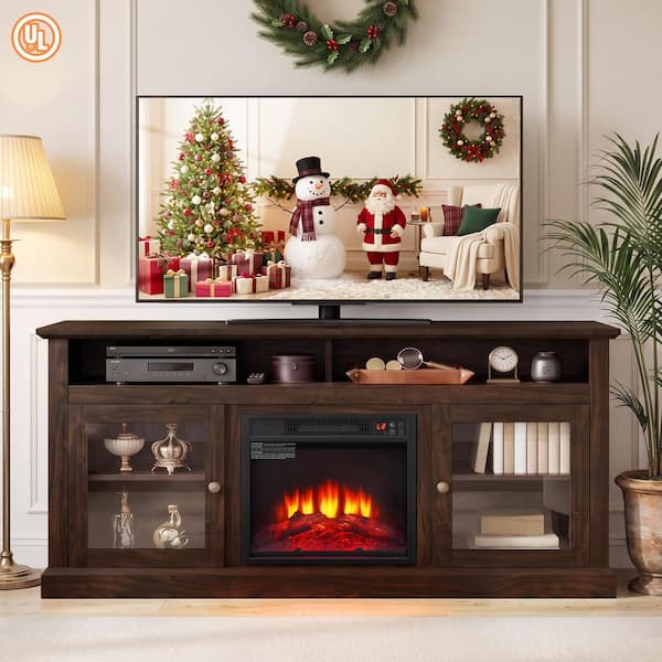 58.25 in. Freestanding Electric Fireplace TV Stand with 23 in. Fireplace Insert, Storage Space, Espresso, 320 sq. ft.