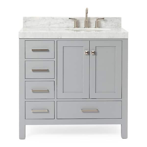 Cambridge 36 in. Single Sink Freestanding Bathroom Vanity in Gray with Carrara White Marble Top