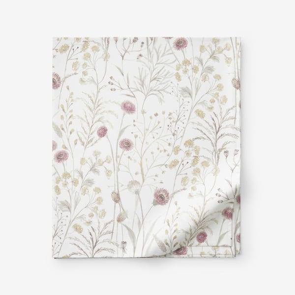 The Company Store Legends Hotel Thistle Flower White Multi Wrinkle-Free Sateen King/Cal King Flat Sheet