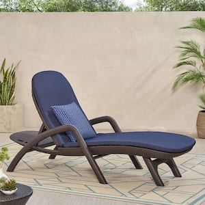 Mikael Dark Brown 1-Piece Faux Wicker Outdoor Chaise Lounge with Navy Blue Cushion