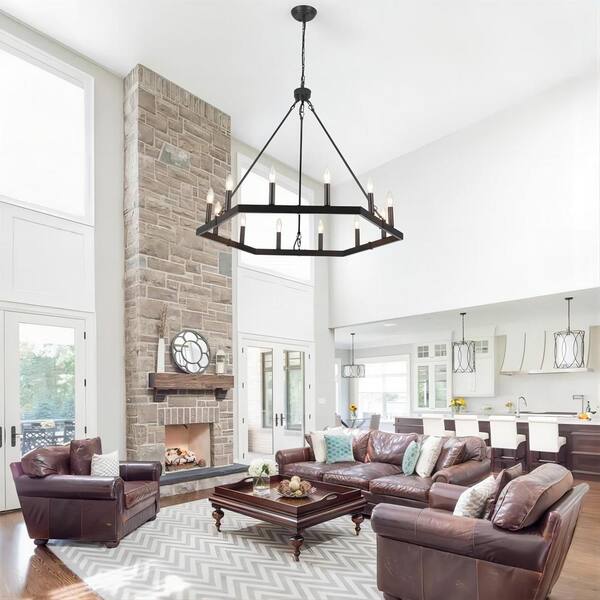 LWYTJO 12-Light Black Hexagonal Design Wagon Wheel Chandelier for