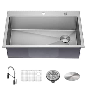 Loften Stainless Steel 33 in. Single Bowl Drop-in/Undermount Kitchen Sink with Pull Down Faucet in Black and Steel