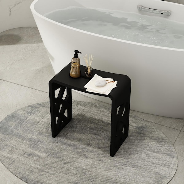 VANITYFUS 9.06 in. W Solid Surface Artistic Hollowing Out Shower Stool Free-standing Waterproof Vanity Seat in Matte Black