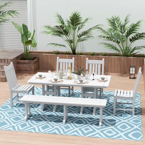 Hayes 65 in. Backless HDPE Plastic Trestle Outdoor Dining 2-Person Patio Garden Bench in White