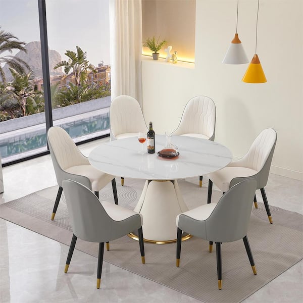 ANGELES HOME Beige Modern Sintered Stone Round 53 in. Pedestal Stainless Steel Base Dining Table Seating Capacity Seats 6