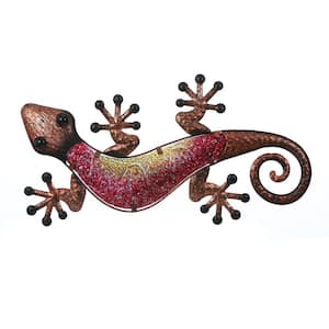 24 in. Pink Gecko Lizard Metal and Glass Outdoor Wall Decor