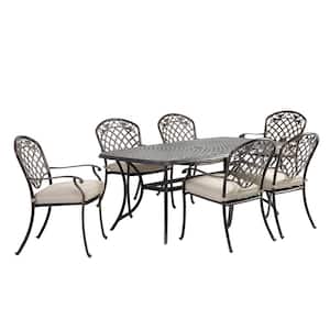 Charcoal Gray 7-Piece Cast Aluminum Rectangle Round Outdoor Dining Set and Backrest Chairs with Beige Cushions
