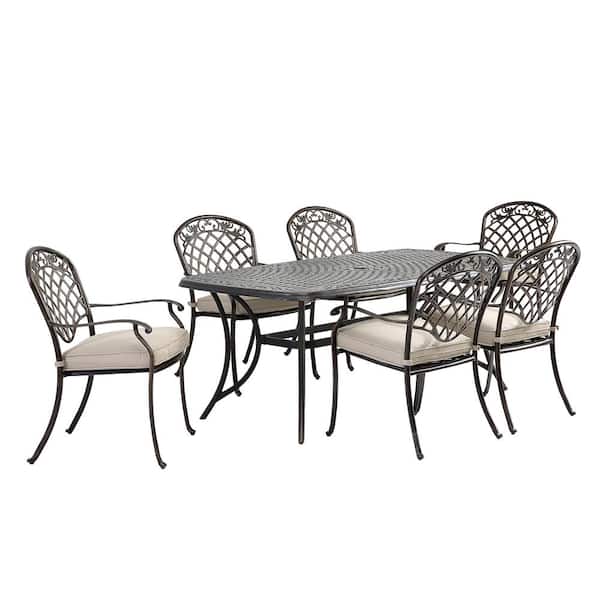 Mondawe Charcoal Gray 7-Piece Cast Aluminum Rectangle Round Outdoor Dining Set and Backrest Chairs with Beige Cushions