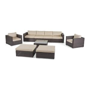 Dominique Multi Brown 9-Piece Wicker Outdoor Sectional Set with Beige Cushions