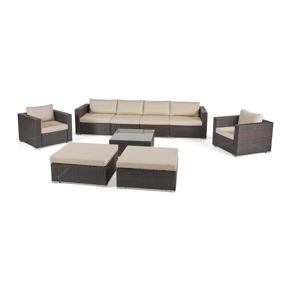 Noble House Dominique Multi Brown 9-Piece Wicker Outdoor Sectional Set with Beige Cushions