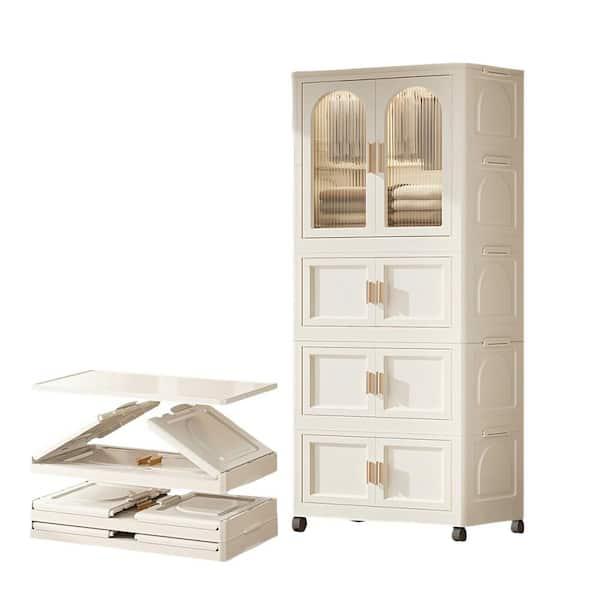 Ready to Assemble White  Bath 25.59 in. x 15. 75 in. x 70. 87 in. with Magnetic Door Plastic Storage Cabinet with Wheels