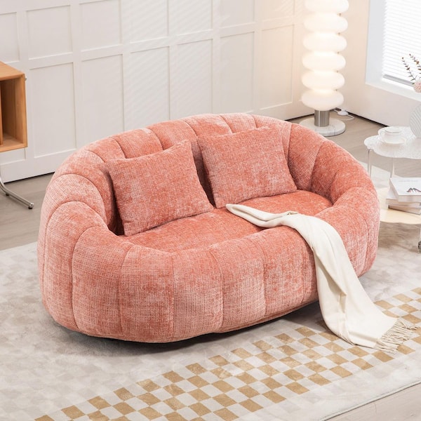 59 in. Pink Chenille 2-Seater Loveseat Bean Bag Chair Lazy Sofa Couch with Pillows