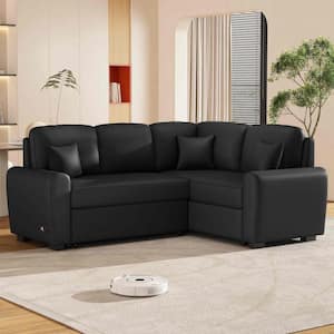 87.4 in. Square Arm Linen L -Shaped Sofa with USB Charging Port and Plug Outlet in Black