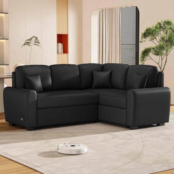Polibi 87.4 in. Square Arm Linen L -Shaped Sofa with USB Charging Port and Plug Outlet in Black