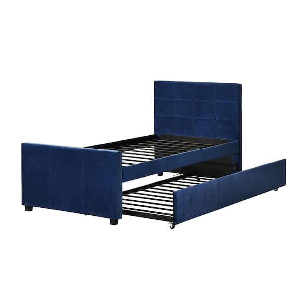 Best Quality Furniture Hugo Upholstered Navy Blue Velvet Fabric Twin Bedframe With Twin Trundle