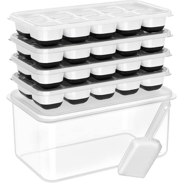 Ice Cube Tray with Lid and Bin, 4 Pack Silicone Ice Cube Trays, Stackable Ice Bucket Kits with Storage Container, White