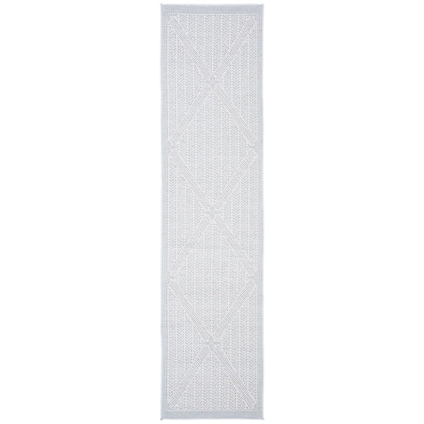 SAFAVIEH Bermuda Light Blue/Ivory 2 ft. x 12 ft. Machine Washable Runner Geometric Border Indoor/Outdoor Area Rug