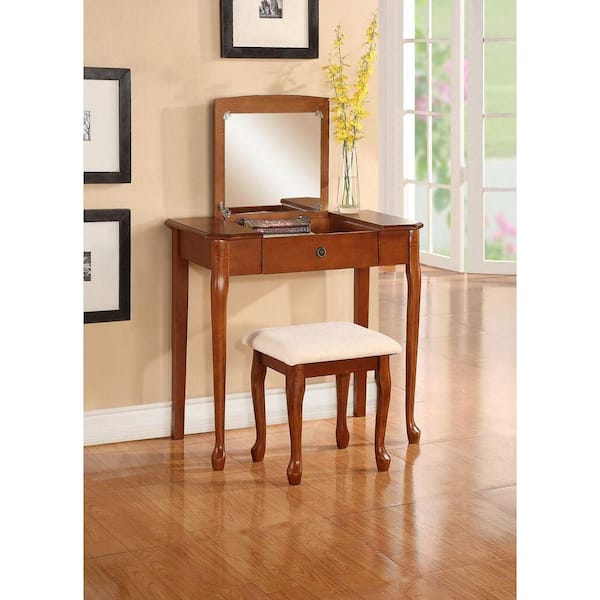 Linon Home Decor Ruby Off White Polyester Seat Flip Top Vanity Set in Cherry