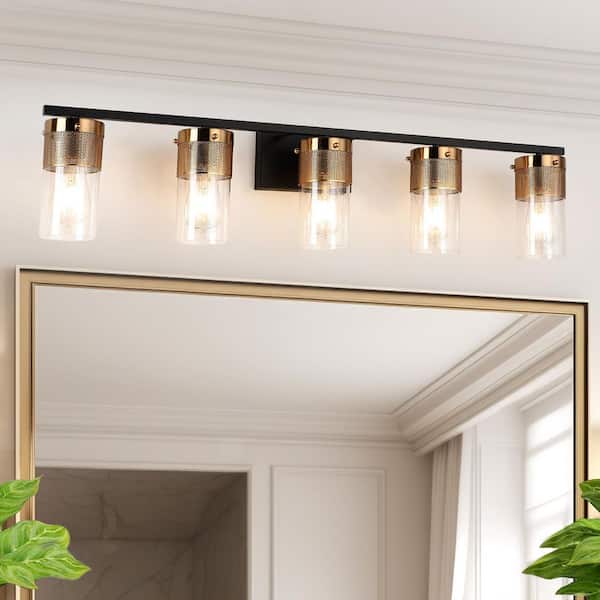 JUSHENG 38.58 in. 5-Light Black and Antique Brass Vanity Light with Clear Glass Shade for Bathroom Modern Wall Sconce