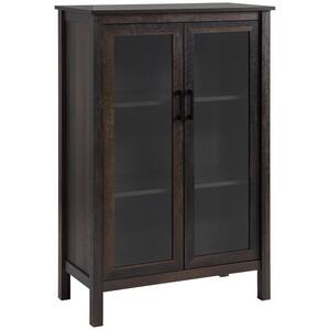 Brown Wood Grain Rustic Kitchen Storage Cabinet, Accent Sideboard with Glass Doors Adjustable Shelves
