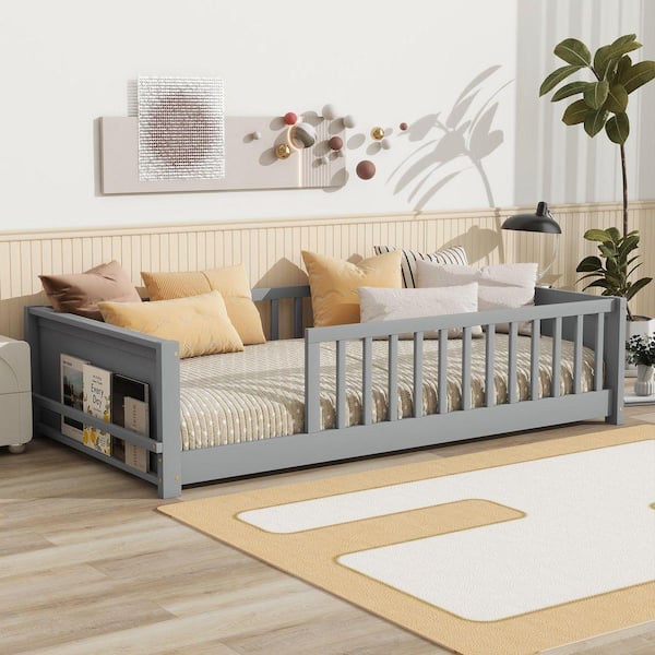 Gray Wood Frame Twin Size Platform Bed with Built-in Book Rack and Guardrails