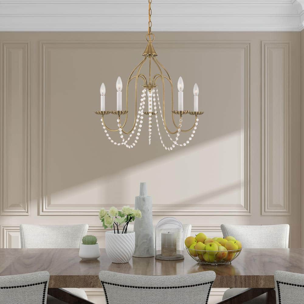 Antique Brass Mini 5-Light Crystal Candle Chandelier