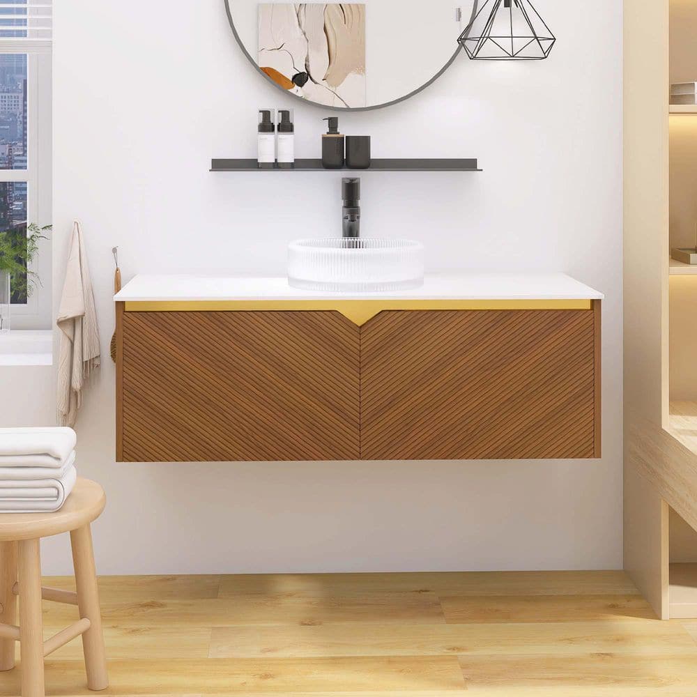 Yingze 48 in. Wall Mounted Single Sink Brown Oak Bath Vanity with