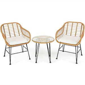 3-Piece Wicker Rattan Patio Conversation Set with White Cushions and Tempered Glass Table Top