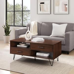 42 in. Dark Walnut Rectangle Wood Mid-Century Modern Coffee Table with 2 Drawers